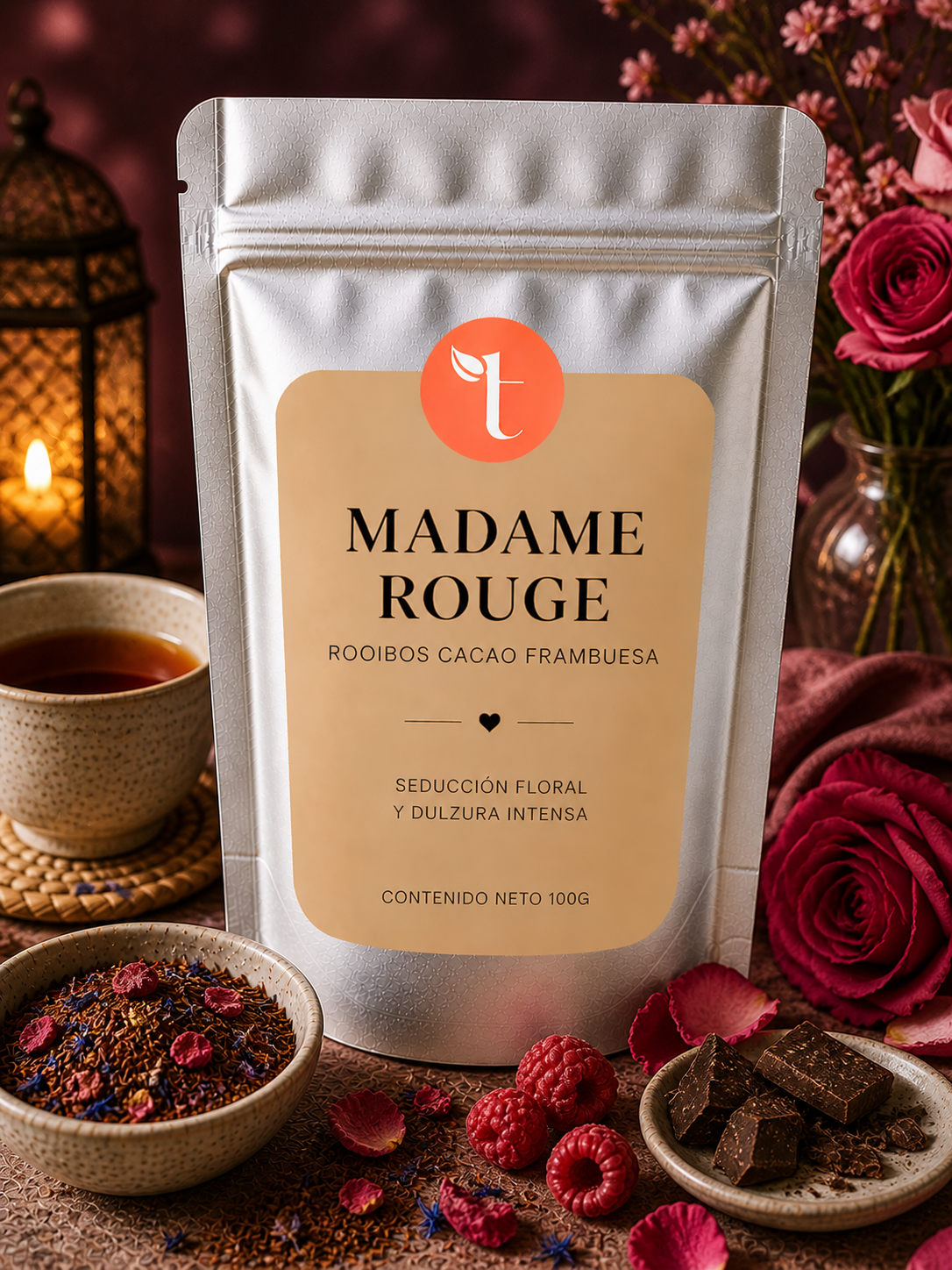 Madame Rouge – Rooibos con chocolate, frambuesa y pétalos de rosa