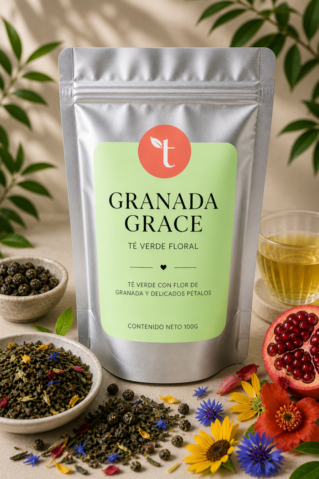 Granada Grace – Té verde con flor de granada y pétalos de girasol